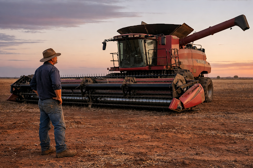 Combine harvester working in an Australian wheat paddock