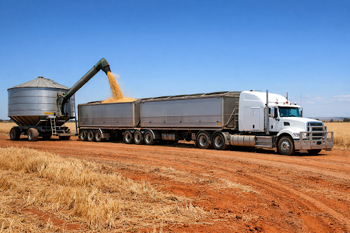 Grain trucks carting harvested grain on a rural Australian road