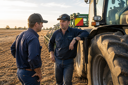 Farmer hiring a contractor on farm in Australia