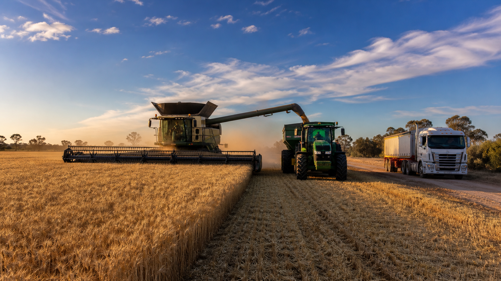 Header, chaser bin and grain truck working in an Australian wheat paddock