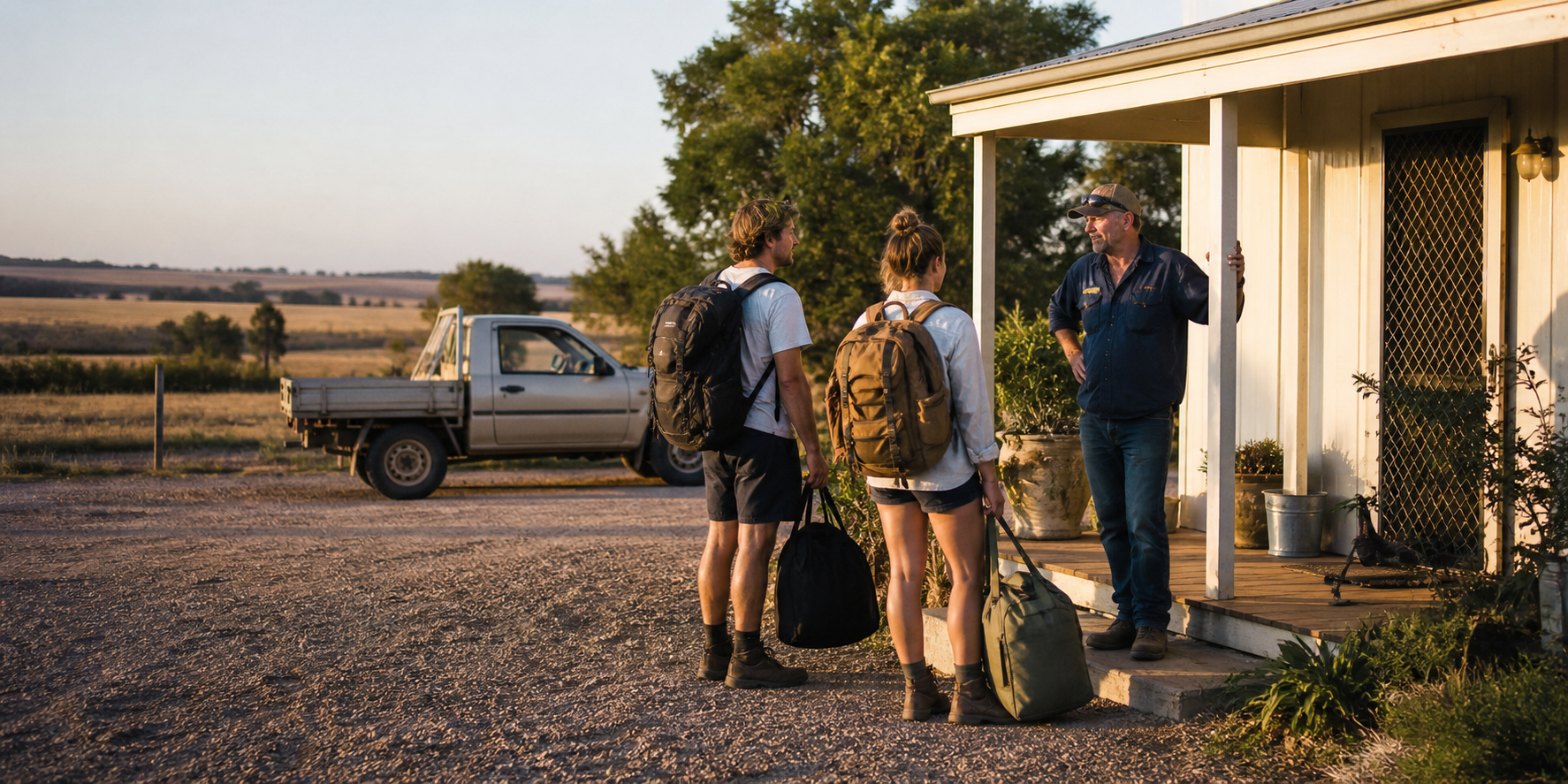 Backpackers arriving at farm accommodation in regional Australia