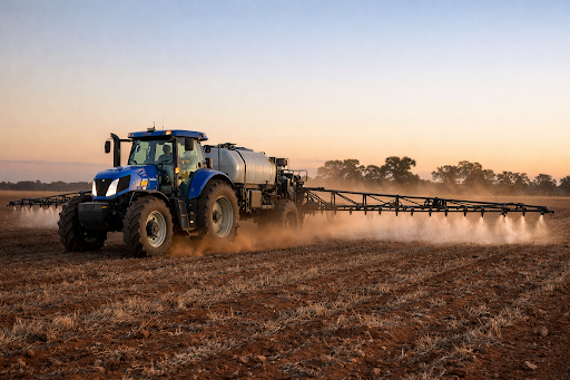 Boom sprayer working broadacre paddock at sunset