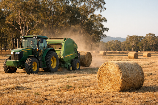 Hay baler working in an Australian paddock