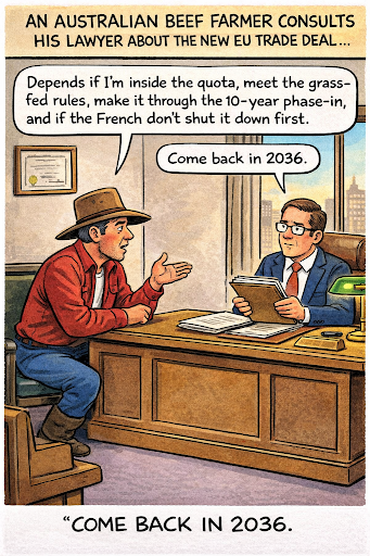 Cartoon: Australian beef farmer consults lawyer about EU trade deal