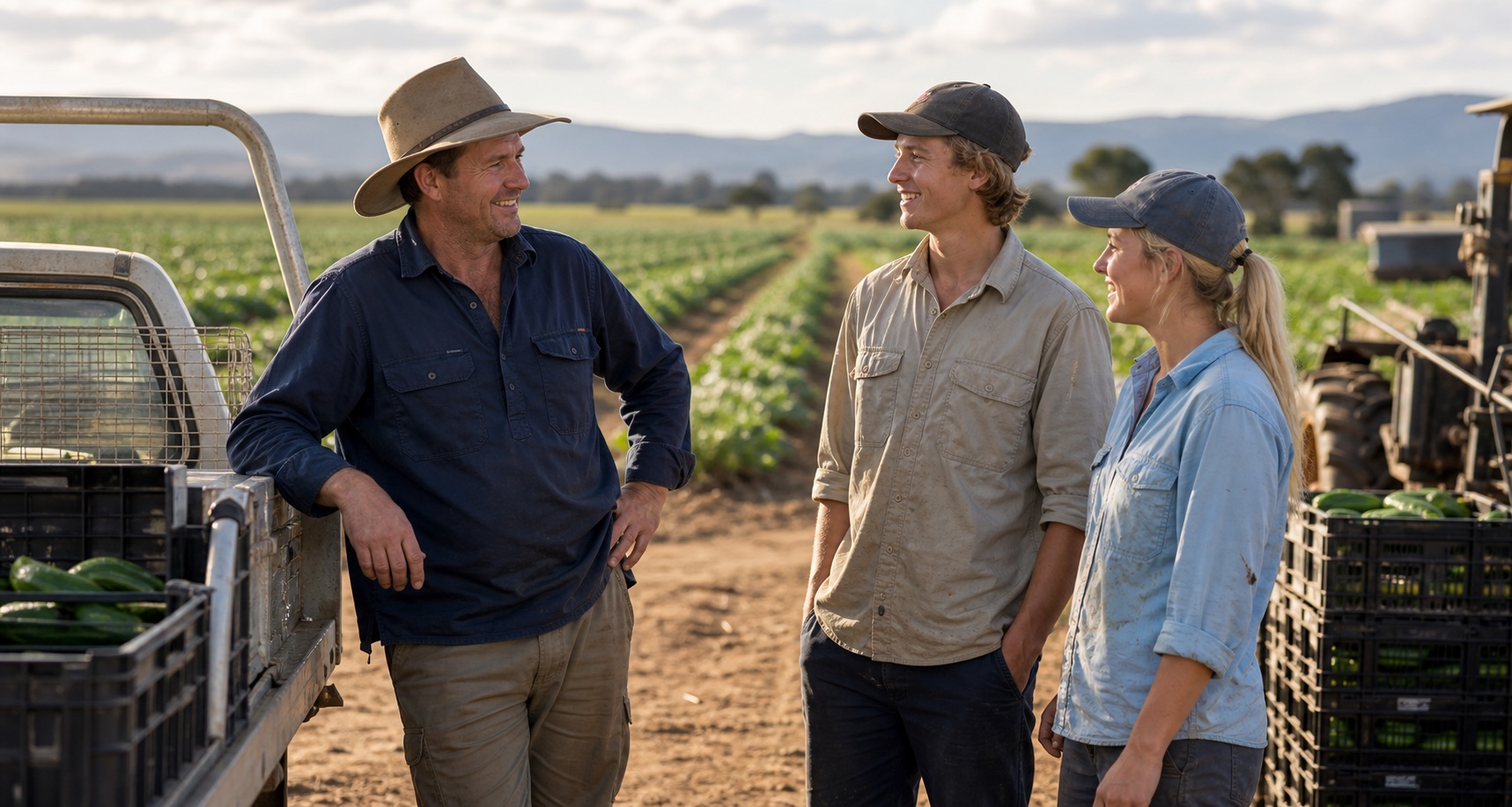 Farmer speaking with backpacker workers on an Australian farm