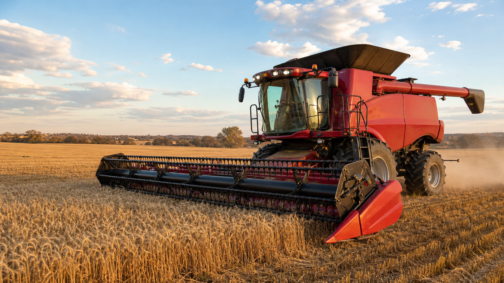 Red header working in a wheat paddock for harvest contracting work in NSW and QLD