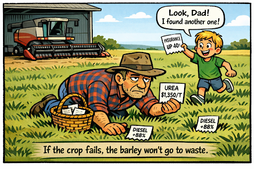 Farmer cartoon about switching from wheat to barley to save on fertiliser costs
